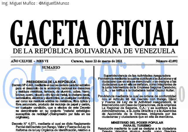 Gaceta Oficial 42092 del 22 marzo 2021