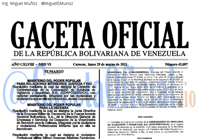 Gaceta Oficial 42097 del 29 marzo 2021 Gaceta Oficial 42097 del 29 marzo 2021