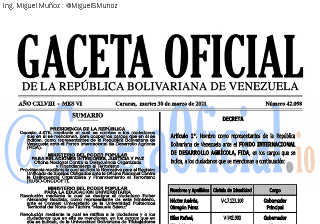 Gaceta Oficial 42098 del 30 marzo 2021 Gaceta Oficial 42098 del 30 marzo 2021