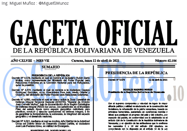 Gaceta Oficial 42104 del 12 abril 2021 Gaceta Oficial 42104 del 12 abril 2021
