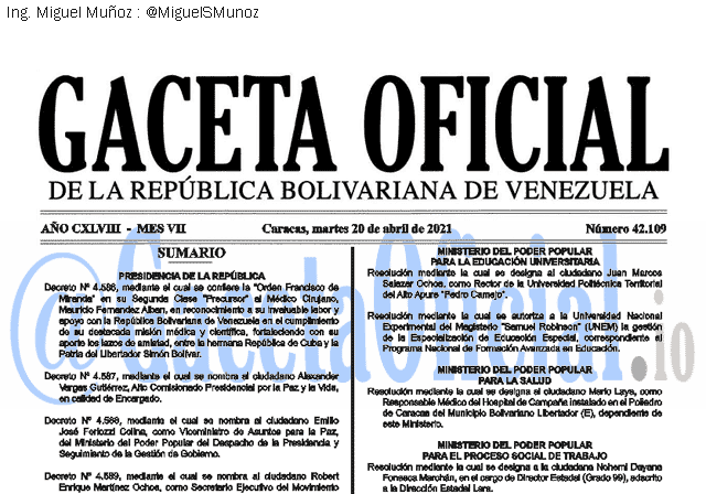 Gaceta Oficial 42109 del 20 abril 2021 Gaceta Oficial 42109 del 20 abril 2021