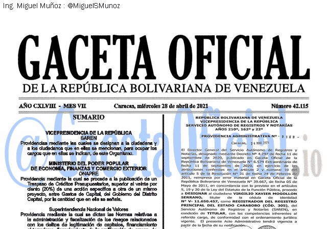 Gaceta Oficial 42115 del 28 abril 2021 Gaceta Oficial 42115 del 28 abril 2021