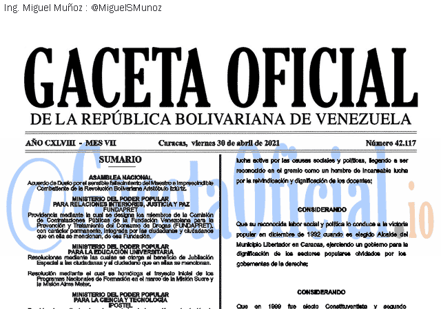 Gaceta Oficial 42117 del 30 abril 2021 Gaceta Oficial 42117 del 30 abril 2021