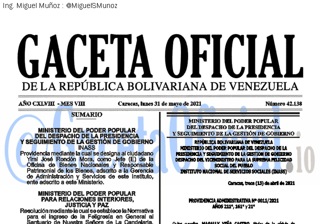 Gaceta Oficial 42138 del 31 mayo 2021 Gaceta Oficial 42138 del 20 mayo 2021