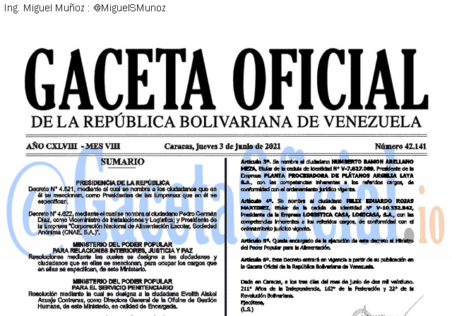 Gaceta Oficial 42141 del 3 junio 2021 Gaceta Oficial 42141 del 3 junio 2021