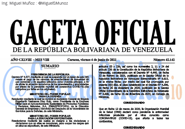 Gaceta Oficial 42142 del 4 junio 2021 Gaceta Oficial 42142 del 4 junio 2021