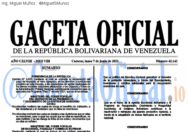 Gaceta Oficial 42143 del 7 junio 2021 Gaceta Oficial 42143 del 7 junio 2021