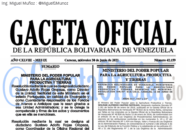 Gaceta Oficial 42159 del 30 junio 2021 Gaceta Oficial 42159 del 30 junio 2021
