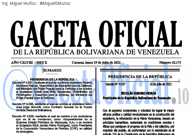 Gaceta Oficial 42171 del 19 julio 2021 Gaceta Oficial 42171 del 19 julio 2021