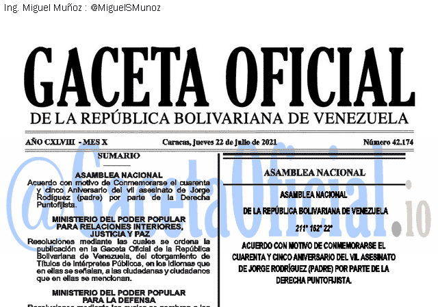 Gaceta Oficial 42174 del 22 julio 2021