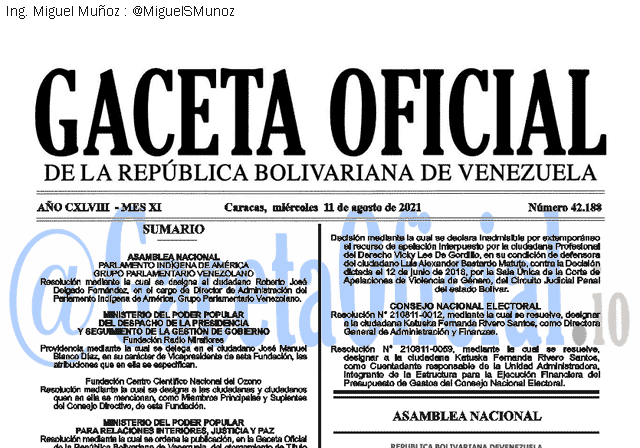 Gaceta Oficial 42188 del 11 agosto 2021 Gaceta Oficial 42188 del 11 agosto 2021