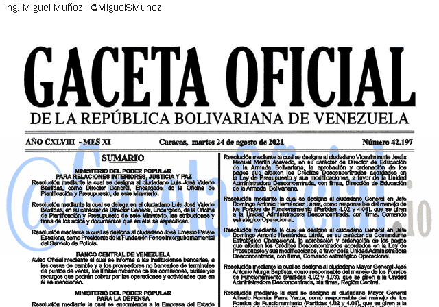 Gaceta Oficial 42197 del 24 agosto 2021 Gaceta Oficial 42197 del 24 agosto 2021