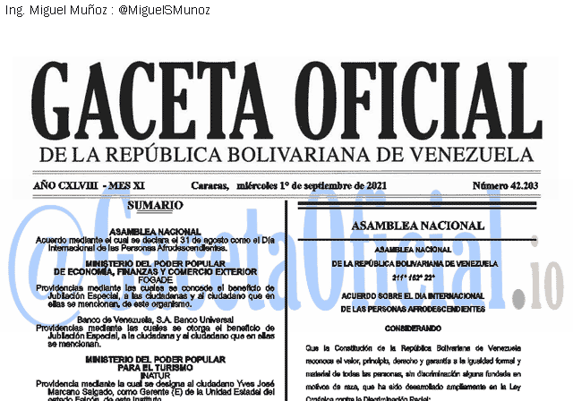 Gaceta Oficial 42203 del 1 septiembre 2021 Gaceta Oficial 42203 del 1 septiembre 2021