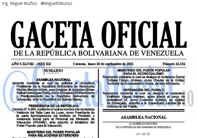 Gaceta Oficial 42216 del 20 septiembre 2021 Gaceta Oficial 42216 del 20 septiembre 2021