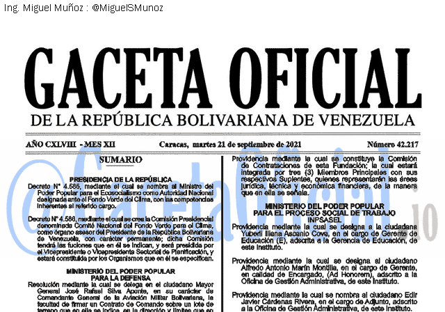 Gaceta Oficial 42217 del 21 septiembre 2021 Gaceta Oficial 42217 del 21 septiembre 2021