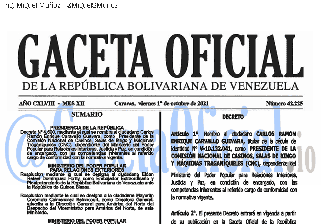 Gaceta Oficial 42225 del 1 octubre 2021 Gaceta Oficial 42225 del 1 octubre 2021