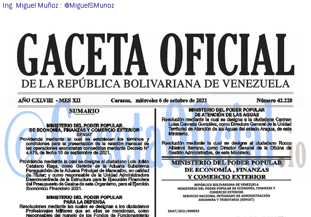 Gaceta Oficial 42228 del 6 octubre 2021 Gaceta Oficial 42228 del 6 octubre 2021
