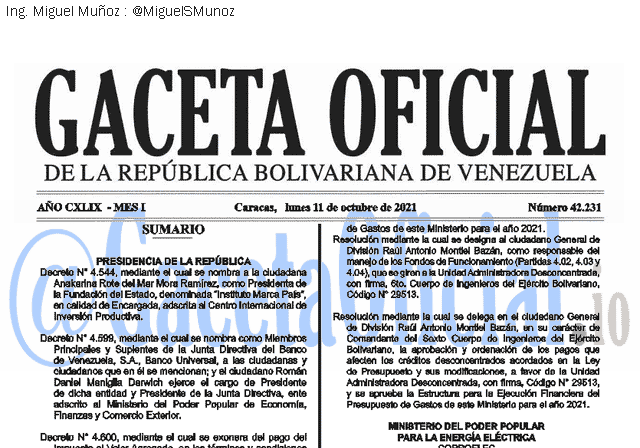 Gaceta Oficial 42231 del 11 octubre 2021 Gaceta Oficial 42231 del 11 octubre 2021