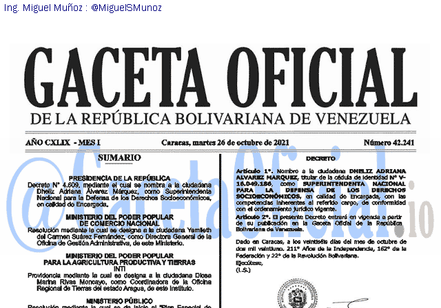 Gaceta Oficial 42241 del 26 octubre 2021 Gaceta Oficial 42241 del 26 octubre 2021