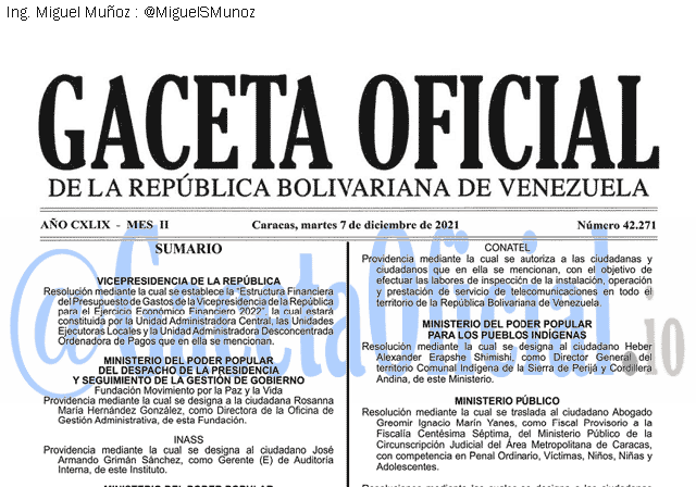 Gaceta Oficial 42271 del 7 diciembre 2021 Gaceta Oficial 42271 del 7 diciembre 2021