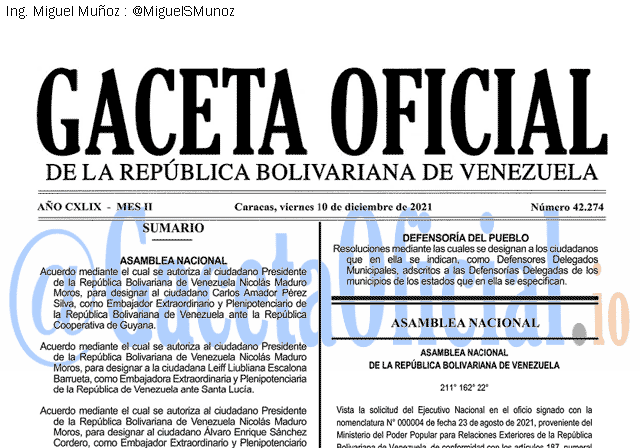 Gaceta Oficial 42274 del 10 diciembre 2021 Gaceta Oficial 42274 del 10 diciembre 2021