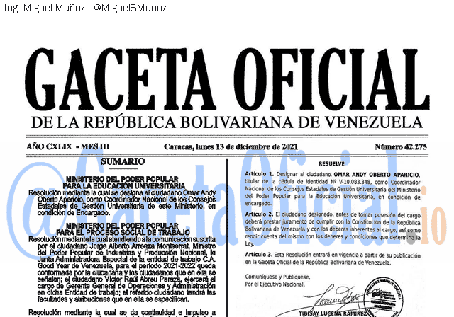 Gaceta Oficial 42275 del 13 diciembre 2021 Gaceta Oficial 42275 del 13 diciembre 2021