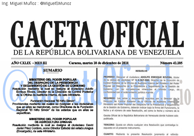 Gaceta Oficial 42285 del 28 diciembre 2021 Gaceta Oficial 42285 del 28 diciembre 2021