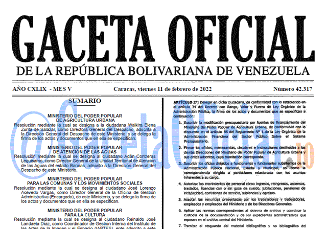 Gaceta Oficial 42317 del 11 febrero 2022 Gaceta Oficial 42317 del 11 febrero 2022