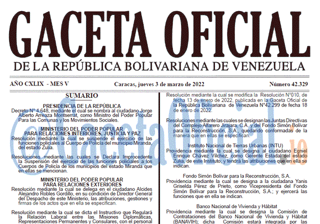 Gaceta Oficial 42329 del 3 marzo 2022 Gaceta Oficial 42329 del 3 marzo 2022