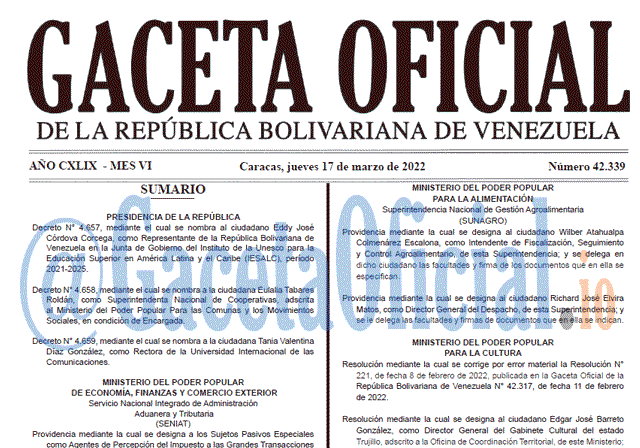 Gaceta Oficial 42339 del 17 marzo 2022 Gaceta Oficial 42339 del 17 marzo 2022