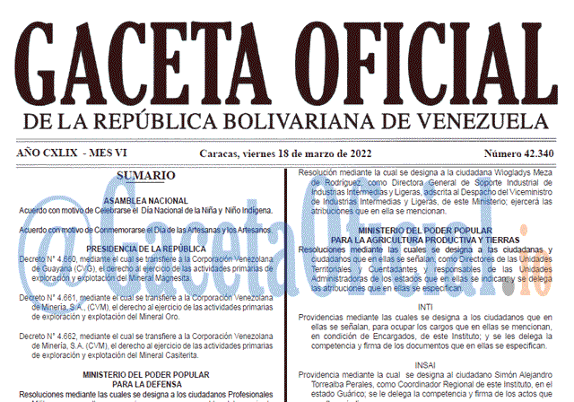 Gaceta Oficial 42340 del 18 marzo 2022 Gaceta Oficial 42340 del 18 marzo 2022