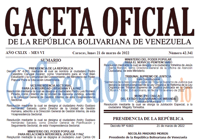 Gaceta Oficial 42341 del 21 marzo 2022 Gaceta Oficial 42341 del 21 marzo 2022