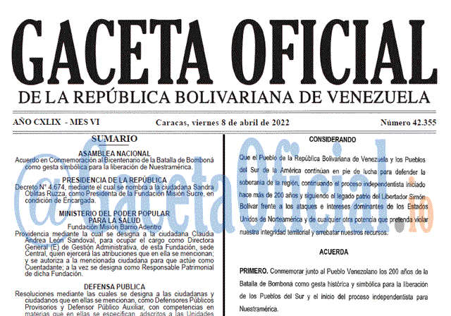 Gaceta Oficial 42355 del 8 abril 2022