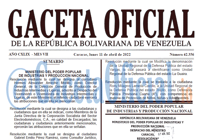 Gaceta Oficial 42356 del 11 abril 2022 Gaceta Oficial 42356 del 11 abril 2022