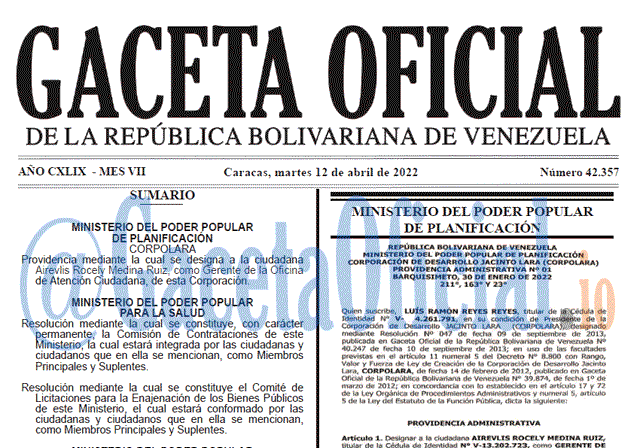 Gaceta Oficial 42357 del 12 abril 2022 Gaceta Oficial 42357 del 12 abril 2022