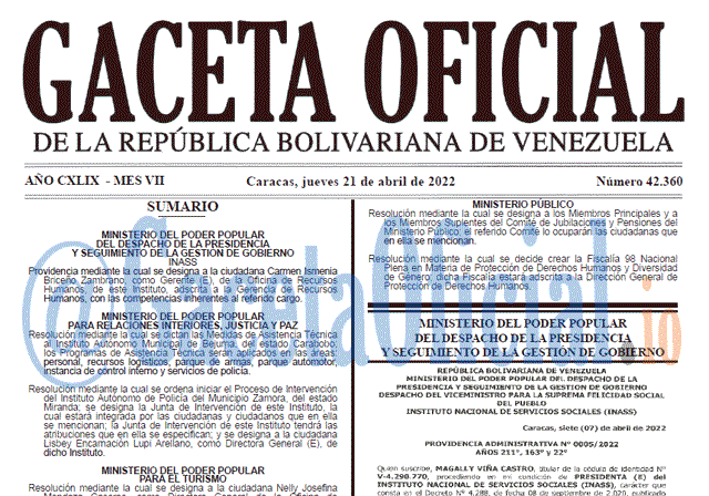 Venezuela Gaceta Oficial 42360 del 21 abril 2022