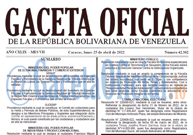 Venezuela Gaceta Oficial 42362 del 25 abril 2022