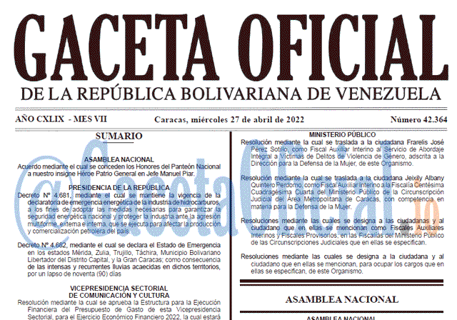 Venezuela Gaceta Oficial 42364 del 27 abril 2022