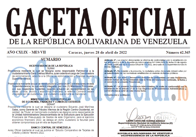 Venezuela Gaceta Oficial 42365 del 28 abril 2022