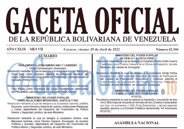 Venezuela Gaceta Oficial 42366 del 29 abril 2022