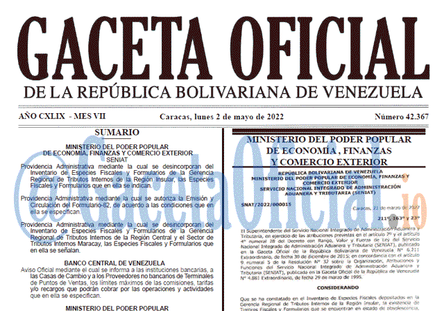 Venezuela Gaceta Oficial 42367 del 2 mayo 2022