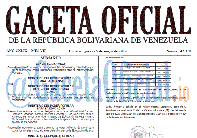 Venezuela Gaceta Oficial 42370 del 5 mayo 2022