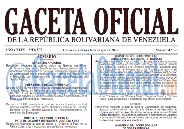 Venezuela Gaceta Oficial 42371 del 6 mayo 2022