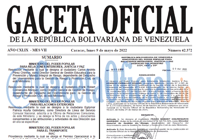 Venezuela Gaceta Oficial 42372 del 9 mayo 2022