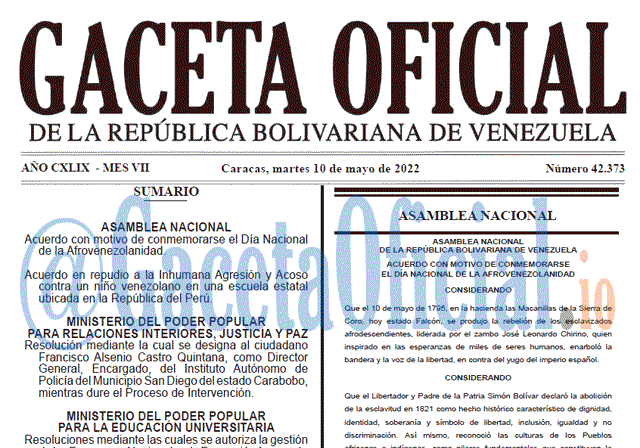 Venezuela Gaceta Oficial 42373 del 10 mayo 2022