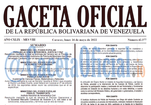 Venezuela Gaceta Oficial 42377 del 16 mayo 2022