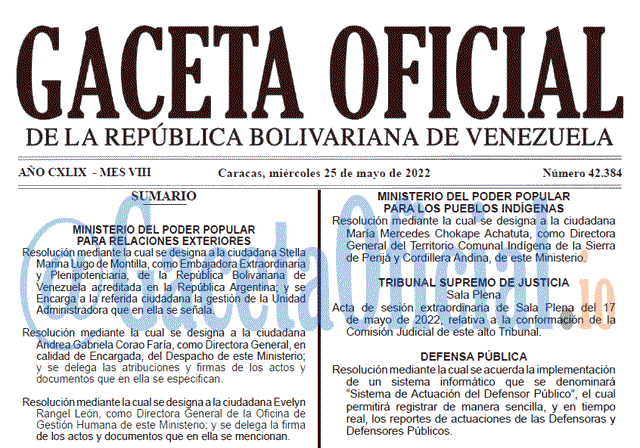 Venezuela Gaceta Oficial 42384 del 25 mayo 2022