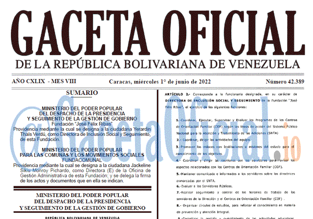 Venezuela Gaceta Oficial 42389 del 1 junio 2022
