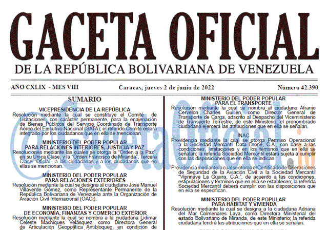 Venezuela Gaceta Oficial 42390 del 2 junio 2022