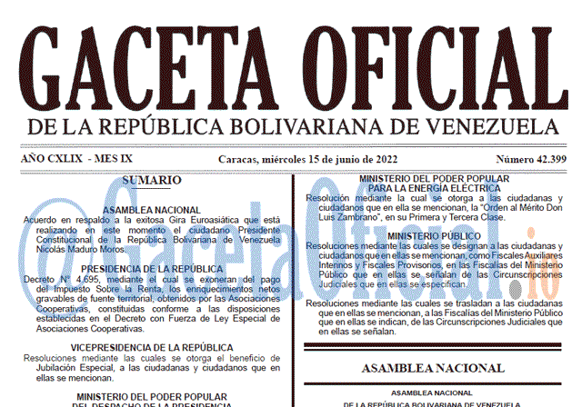 Venezuela Gaceta Oficial 42399 del 15 junio 2022 Venezuela Gaceta Oficial 42399 del 15 junio 2022